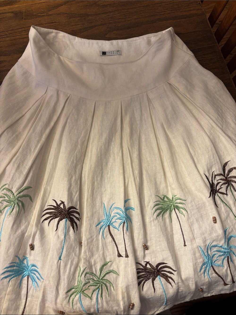 Carole Little Palm Embroidered White Linen Skirt